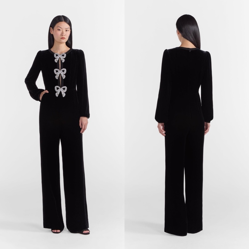 SALONI Camille Velvet Bow Embellished Jumpsuit in Black Sz 2 US - Picture 8 of 8